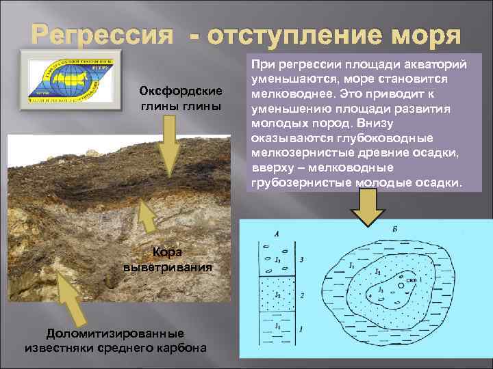 Регрессия - отступление моря Оксфордские глины Кора выветривания Доломитизированные известняки среднего карбона При регрессии