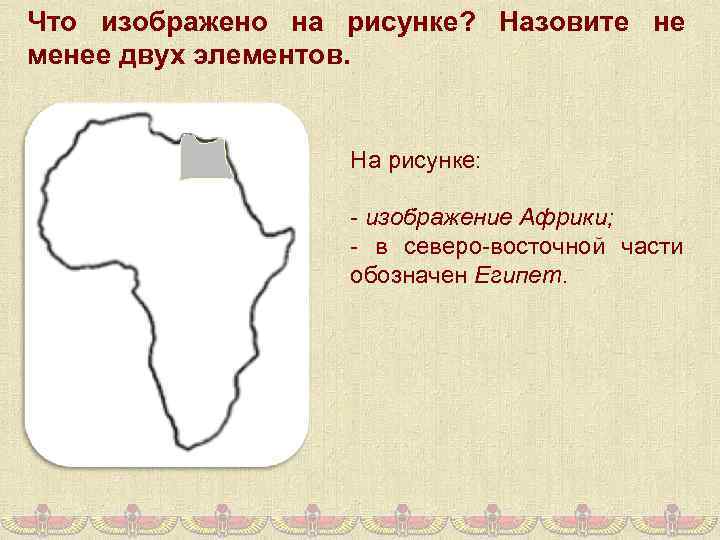 Что изображено на рисунке? Назовите не менее двух элементов. На рисунке: - изображение Африки;