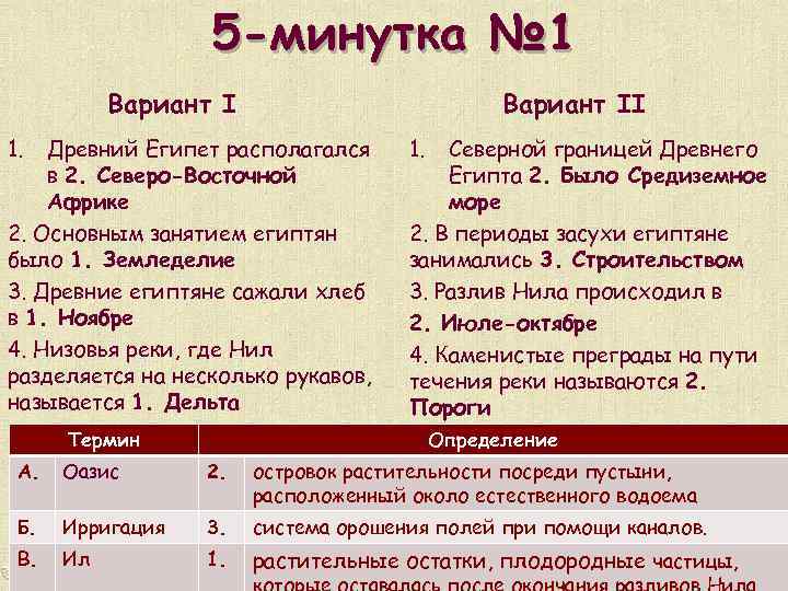 5 -минутка № 1 Вариант I 1. Вариант II Древний Египет располагался в 2.