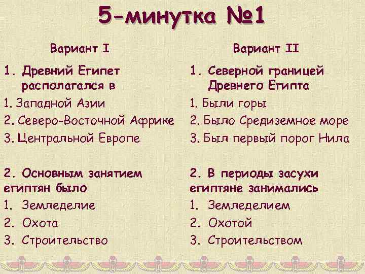 5 -минутка № 1 Вариант II 1. Древний Египет располагался в 1. Западной Азии