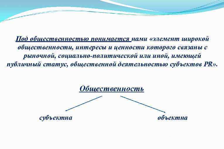 Под общественностью понимается нами «элемент широкой общественности, интересы и ценности которого связаны с рыночной,