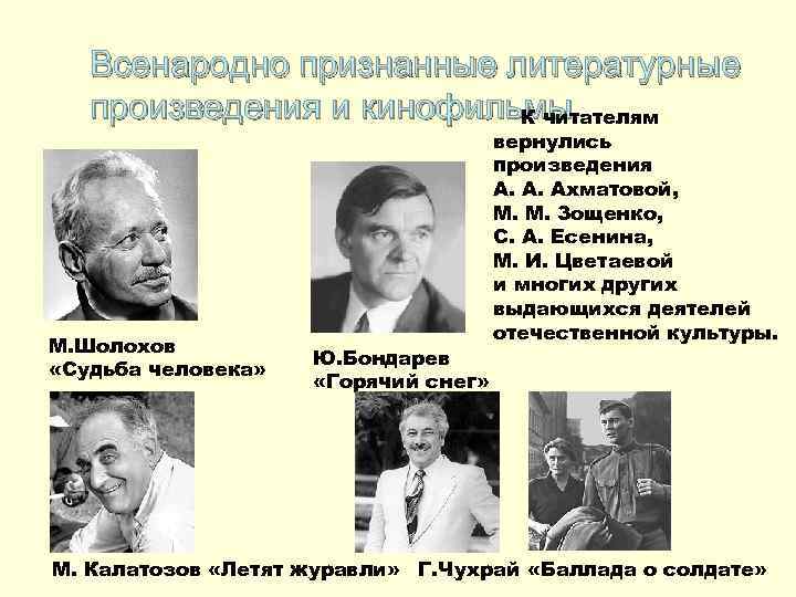 Всенародно признанные литературные произведения и кинофильмы К читателям М. Шолохов «Судьба человека» Ю. Бондарев