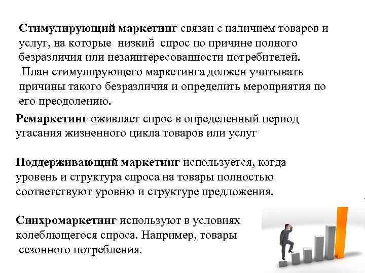 Стимулирующий маркетинг связан с наличием товаров и услуг, на которые низкий спрос по причине
