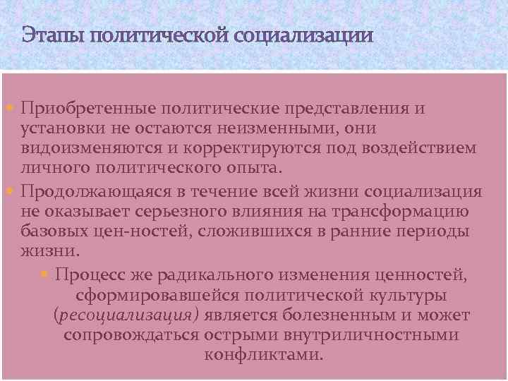 Этапы политической социализации Приобретенные политические представления и установки не остаются неизменными, они видоизменяются и