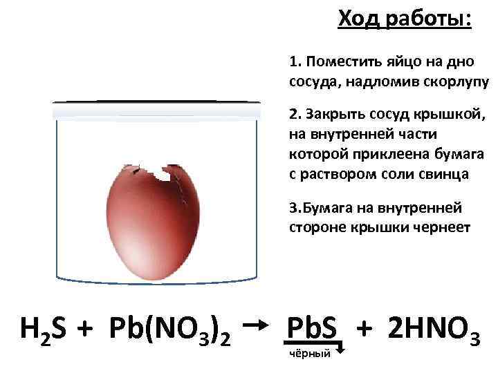 Ход работы: 1. Поместить яйцо на дно сосуда, надломив скорлупу 2. Закрыть сосуд крышкой,
