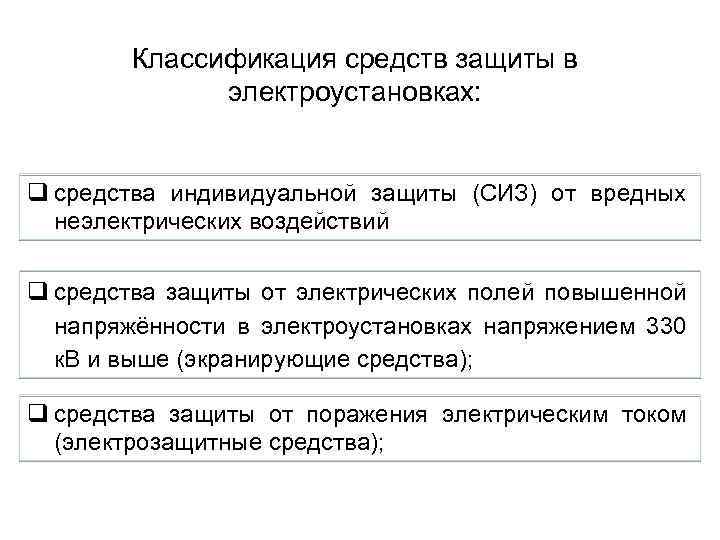 Классификация средств защиты в электроустановках: q средства индивидуальной защиты (СИЗ) от вредных неэлектрических воздействий