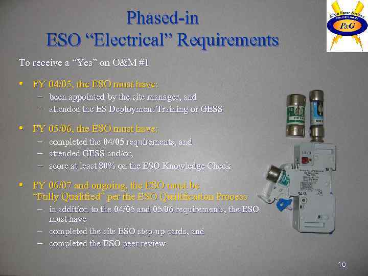 Phased-in ESO “Electrical” Requirements To receive a “Yes” on O&M #1 • FY 04/05,