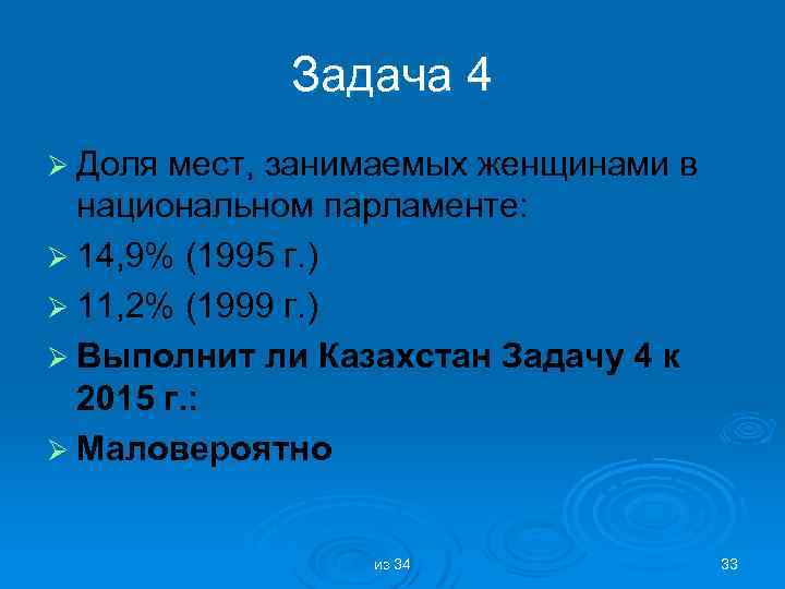 Задача 4 Ø Доля мест, занимаемых женщинами в национальном парламенте: Ø 14, 9% (1995