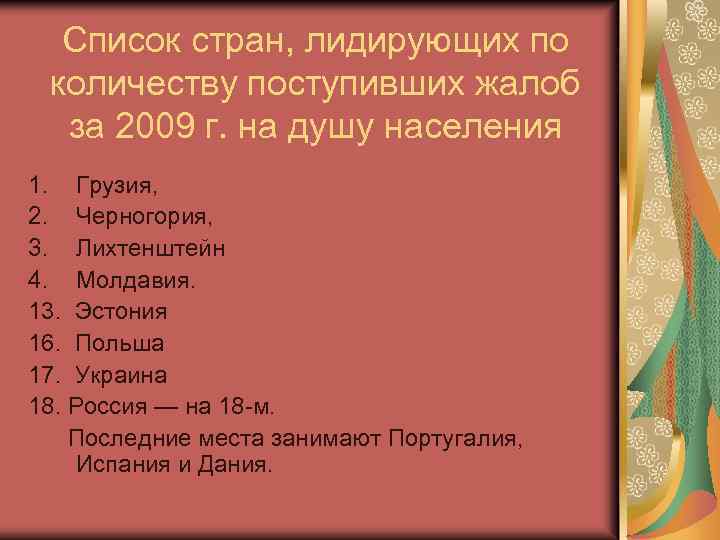 Список стран, лидирующих по количеству поступивших жалоб за 2009 г. на душу населения 1.