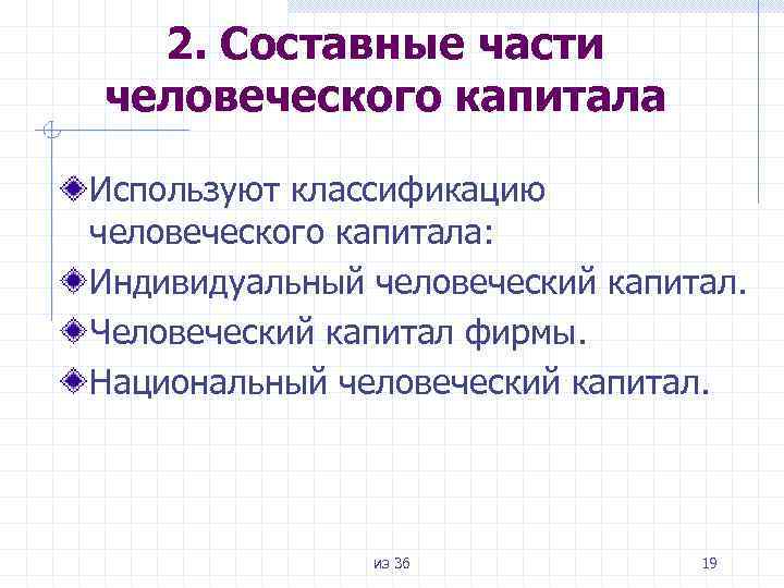 2. Составные части человеческого капитала Используют классификацию человеческого капитала: Индивидуальный человеческий капитал. Человеческий капитал