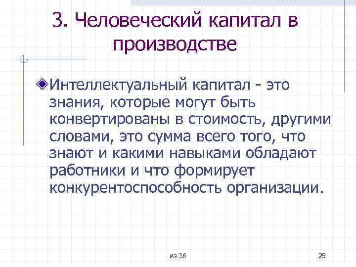 3. Человеческий капитал в производстве Интеллектуальный капитал - это знания, которые могут быть конвертированы