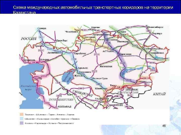 Схема Общая Юридическая База для Транзитных Перевозок коридоров на территории международных автомобильных транспортных Казахстана