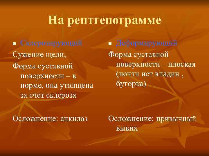 На рентгенограмме Склерозирующий Сужение щели, Форма суставной поверхности – в норме, она утолщена за