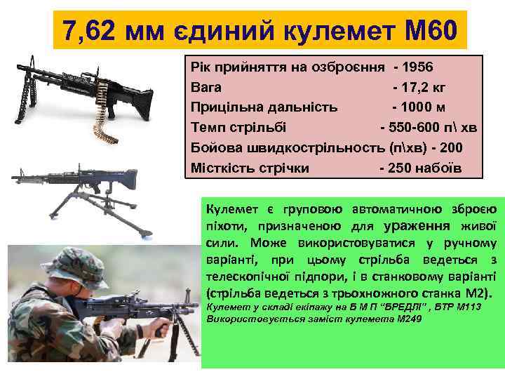 7, 62 мм єдиний кулемет М 60 Рік прийняття на озброєння - 1956 Вага