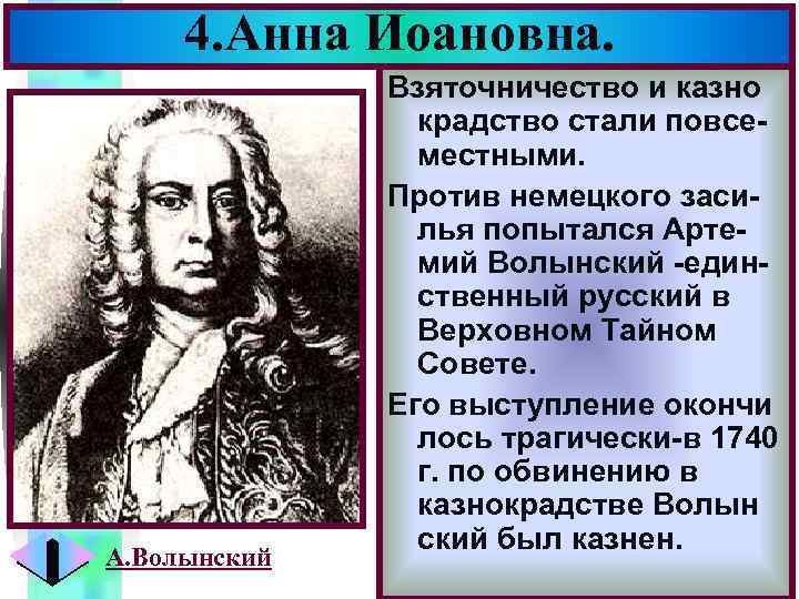 4. Анна Иоановна. А. Волынский Меню Взяточничество и казно крадство стали повсеместными. Против немецкого