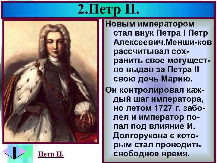 2. Петр II. Меню Новым императором стал внук Петра I Петр Алексеевич. Менши-ков рассчитывал