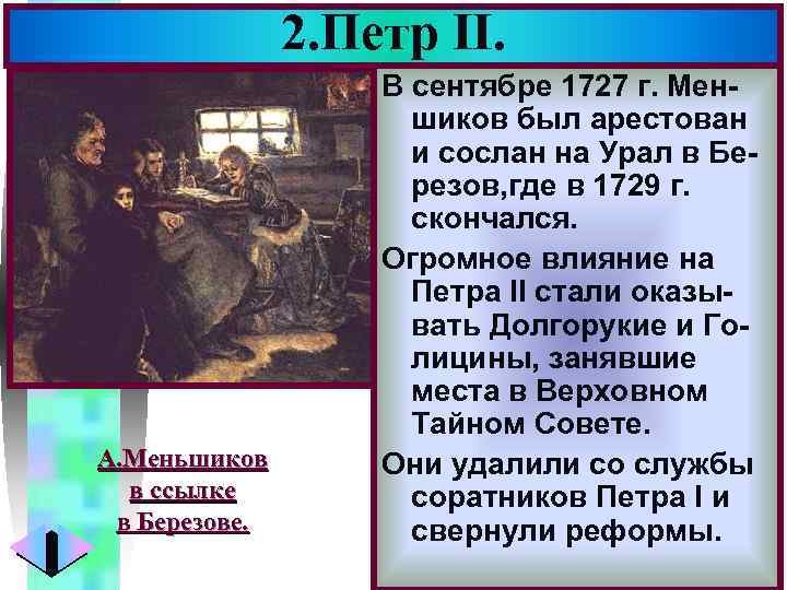 2. Петр II. А. Меньшиков в ссылке в Березове. Меню В сентябре 1727 г.