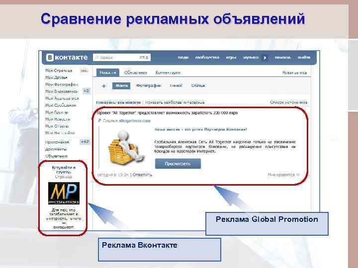 Сравнение рекламных объявлений Реклама Global Promotion Реклама Вконтакте 