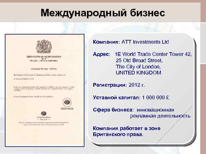 Международный бизнес Компания: ATT Investments Ltd Адрес: 1 E World Trade Center Tower 42,