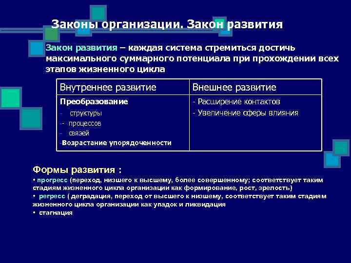 Законы организации. Закон развития n Закон развития – каждая система стремиться достичь максимального суммарного