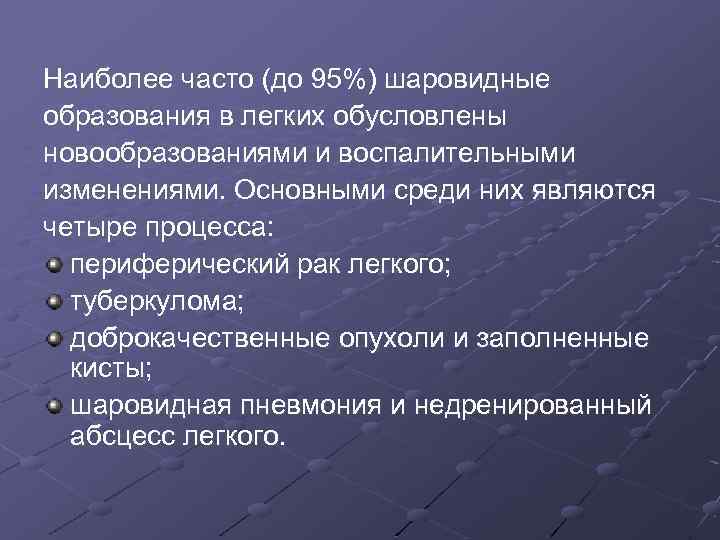 Наиболее часто (до 95%) шаровидные образования в легких обусловлены новообразованиями и воспалительными изменениями. Основными