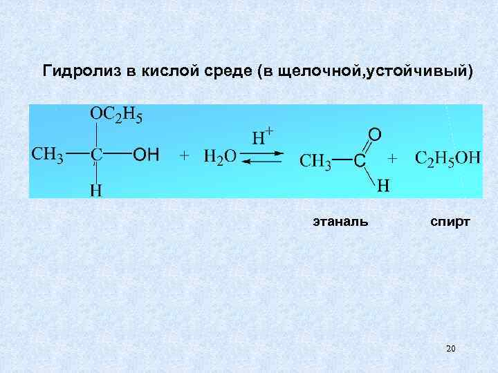 Гидролиз в кислой среде (в щелочной, устойчивый) этаналь спирт 20 