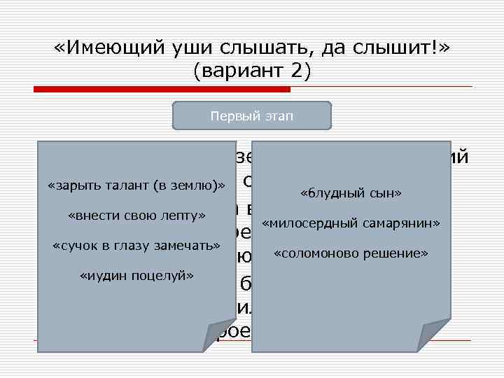  «Имеющий уши слышать, да слышит!» (вариант 2) Первый этап § Обсуждение фразеологизма «Имеющий