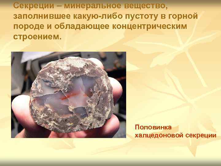 Секреции – минеральное вещество, заполнившее какую-либо пустоту в горной породе и обладающее концентрическим строением.