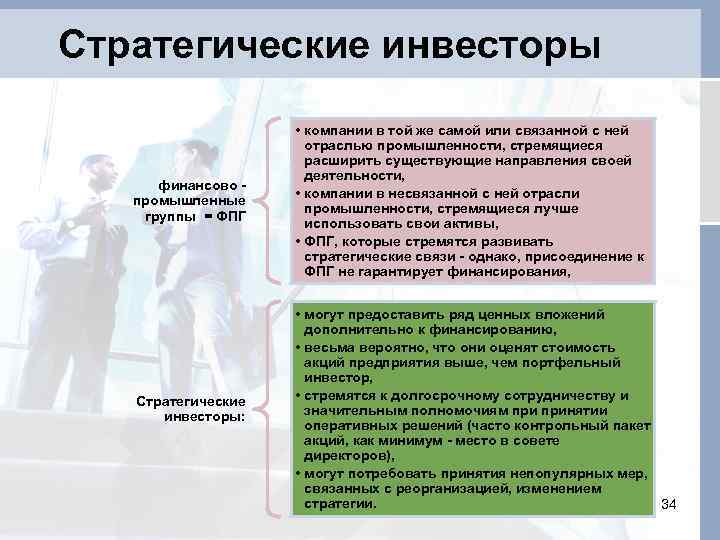Стратегические инвесторы финансово промышленные группы = ФПГ • компании в той же самой или