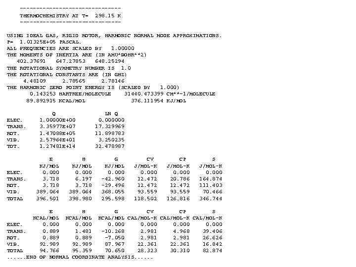 ---------------THERMOCHEMISTRY AT T= 298. 15 K ---------------USING IDEAL GAS, RIGID ROTOR, HARMONIC NORMAL MODE
