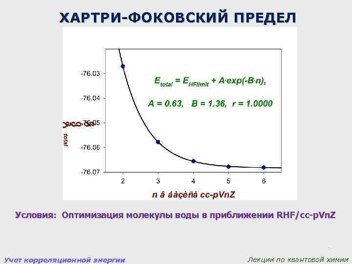 ХАРТРИ-ФОКОВСКИЙ ПРЕДЕЛ Условия: Оптимизация молекулы воды в приближении RHF/cc-p. Vn. Z 3 Учет корреляционной