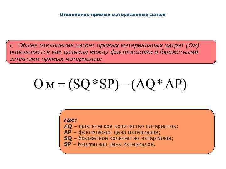 Отклонение прямых материальных затрат ь Общее отклонение затрат прямых материальных затрат (Ом) определяется как