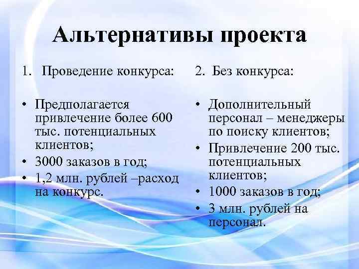 Альтернативы проекта 1. Проведение конкурса: 2. Без конкурса: • Предполагается привлечение более 600 тыс.