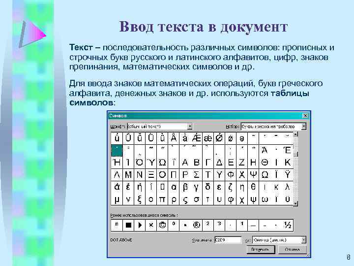 Ввод текста в документ Текст – последовательность различных символов: прописных и строчных букв русского