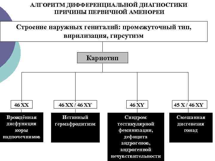  АЛГОРИТМ ДИФФЕРЕНЦИАЛЬНОЙ ДИАГНОСТИКИ ПРИЧИНЫ ПЕРВИЧНОЙ АМЕНОРЕИ Строение наружных гениталий: промежуточный тип, вирилизация, гирсутизм