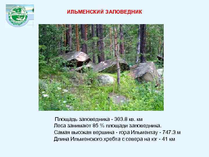 ИЛЬМЕНСКИЙ ЗАПОВЕДНИК Площадь заповедника - 303. 8 кв. км Леса занимают 85 % площади
