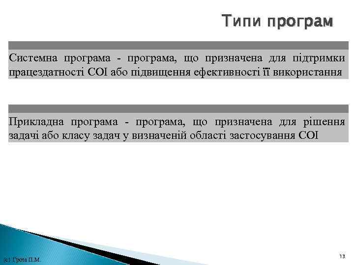 Типи програм Системна програма - програма, що призначена для підтримки працездатності СОІ або підвищення