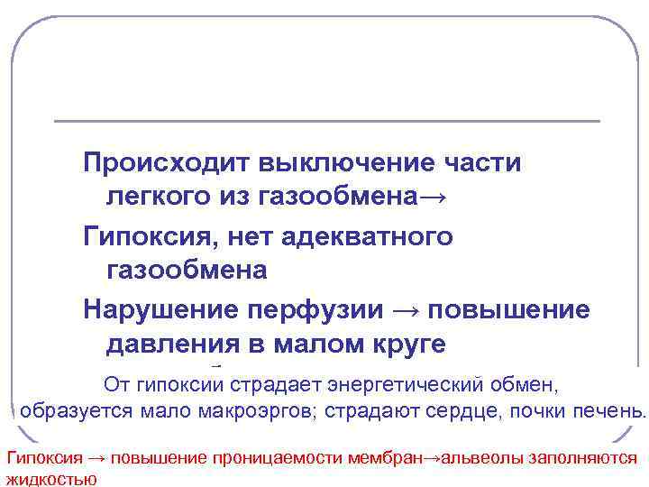 Происходит выключение части легкого из газообмена→ Гипоксия, нет адекватного газообмена Нарушение перфузии → повышение