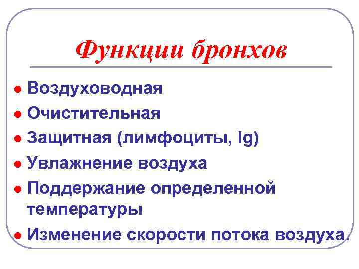 Функции бронхов Воздуховодная l Очистительная l Защитная (лимфоциты, Ig) l Увлажнение воздуха l Поддержание
