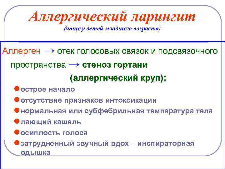 Аллергический ларингит (чаще у детей младшего возраста) Аллерген → отек голосовых связок и подсвязочного