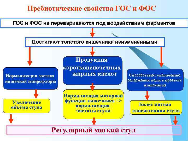 Пребиотические свойства ГОС и ФОС не перевариваются под воздействием ферментов Достигают толстого кишечника неизмененными