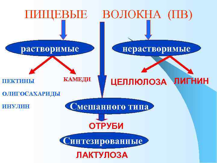 ПИЩЕВЫЕ ВОЛОКНА (ПВ) растворимые ПЕКТИНЫ нерастворимые КАМЕДИ ЦЕЛЛЮЛОЗА ЛИГНИН ОЛИГОСАХАРИДЫ ИНУЛИН Смешанного типа ОТРУБИ