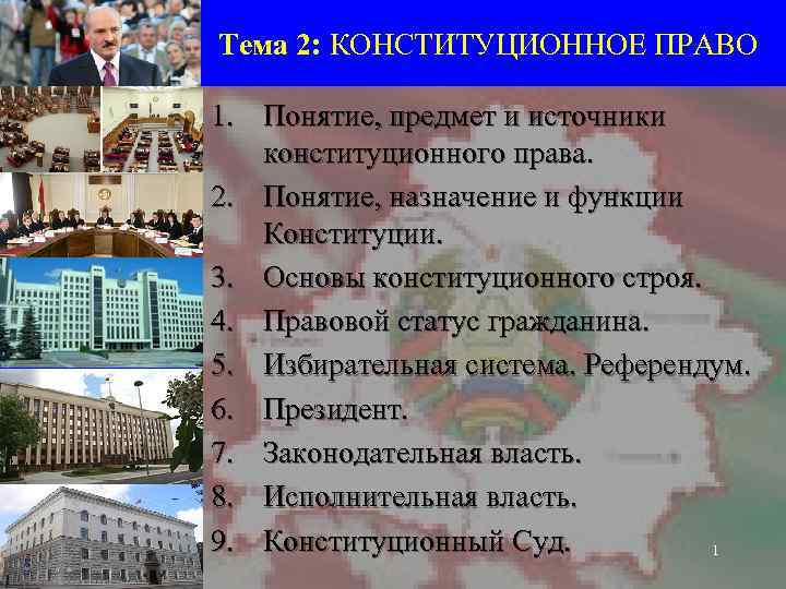 Тема 2: КОНСТИТУЦИОННОЕ ПРАВО 1. Понятие, предмет и источники конституционного права. 2. Понятие, назначение