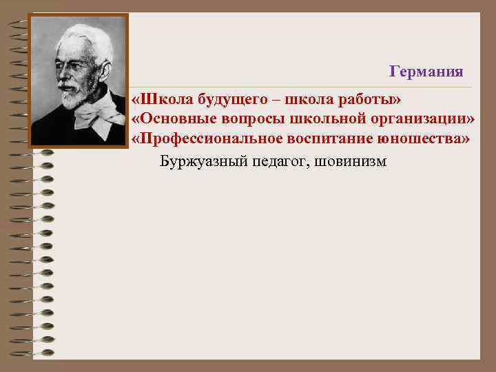 Германия «Школа будущего – школа работы» «Основные вопросы школьной организации» «Профессиональное воспитание юношества» Буржуазный