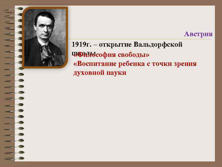 Австрия 1919 г. – открытие Вальдорфской школы «Философия свободы» «Воспитание ребенка с точки зрения