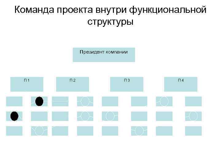 Команда проекта внутри функциональной структуры Президент компании П 1 П 2 П 3 П