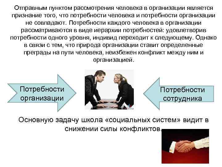 Отправным пунктом рассмотрения человека в организации является признание того, что потребности человека и потребности