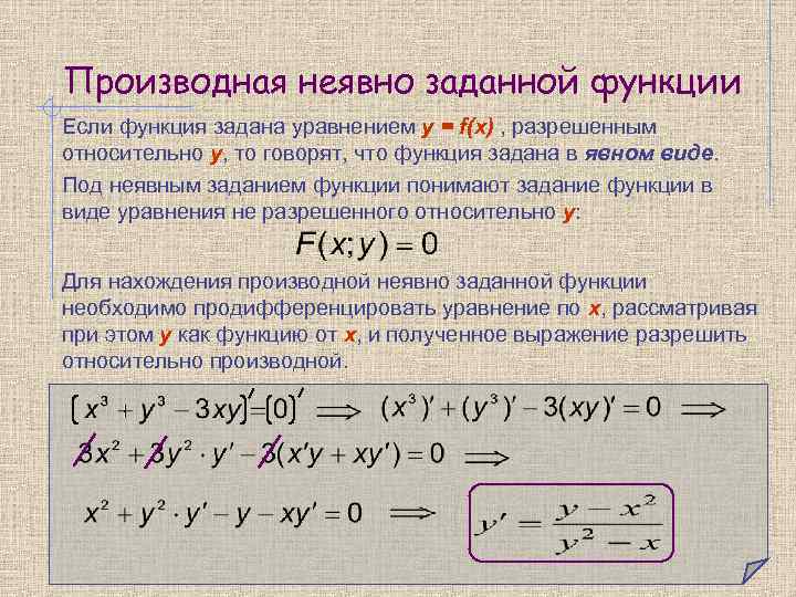 Производная неявно заданной функции Если функция задана уравнением y = f(х) , разрешенным относительно