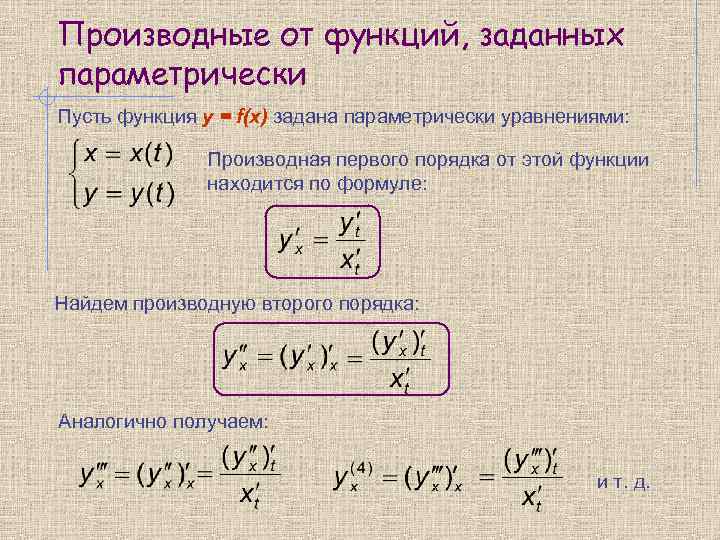 Производные от функций, заданных параметрически Пусть функция y = f(x) задана параметрически уравнениями: Производная