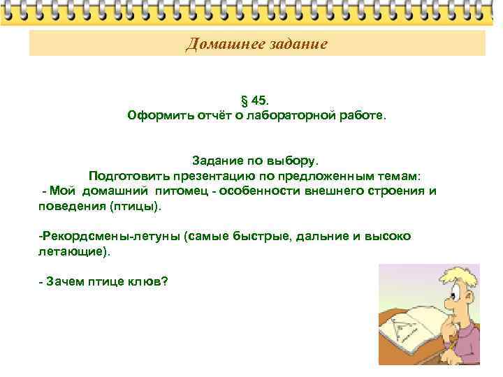 Домашнее задание § 45. Оформить отчёт о лабораторной работе. Задание по выбору. Подготовить презентацию